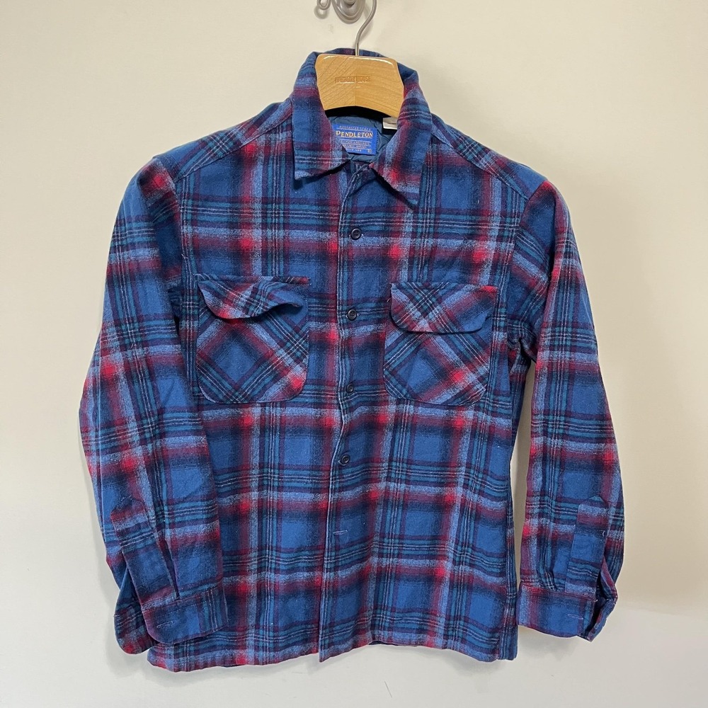 Vintage Pendleton Wool Flannel Shirt Mens M Blue Red Plaid Long Sleeve Button Up